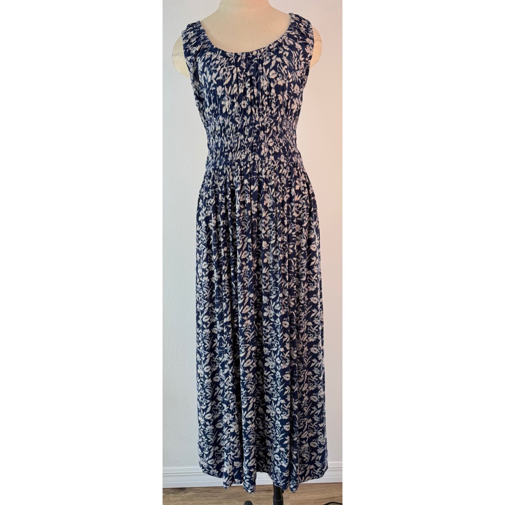 Faherty Sunseeker Smocked Waist Midi Dress Boho Blue Juniper Ikat Floral Cottage - Picture 2 of 8